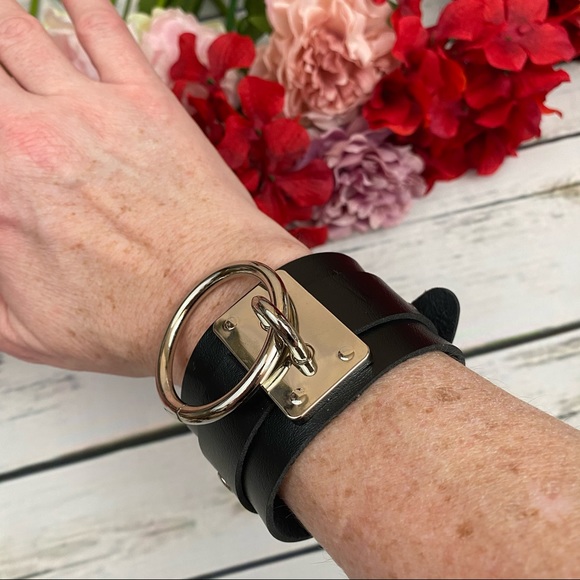 Punk Gothic Black Vegan Leather Metal Ring Bracelet - Picture 9 of 16